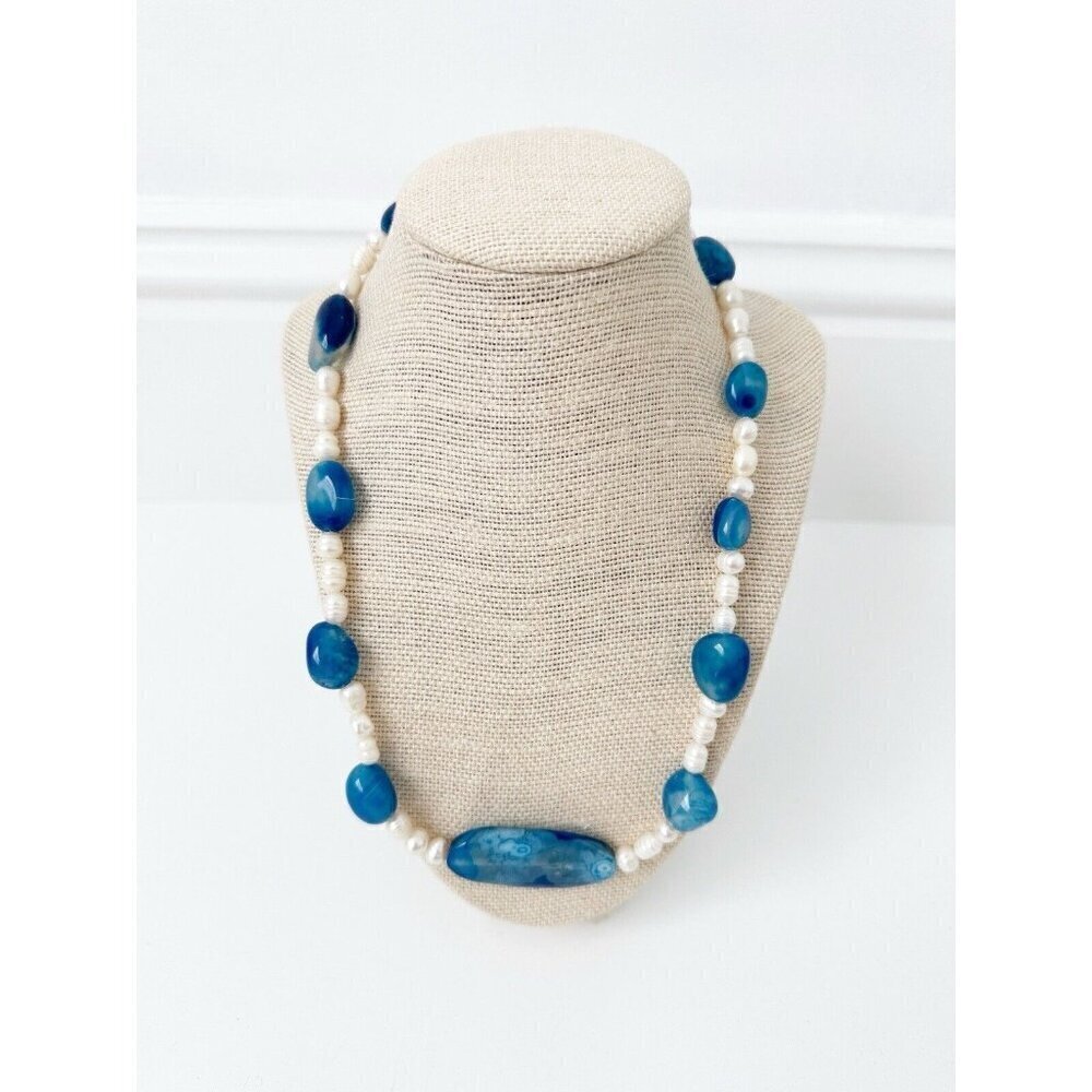 NWT Genuine Blue Quartz, Blue Agate & Pearls Necklace Beaded